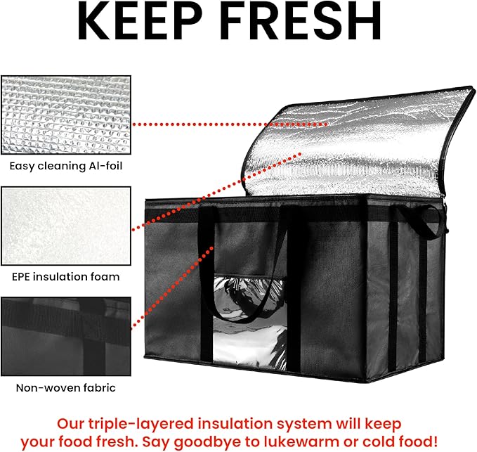 NZ home Insulated Bags for Food Delivery (3XL) Grocery Shopping Cooler Bag, Pizza Delivery, Hot & Cold Catering Tote, Reusable, Foldable & Heavy Duty (Black)