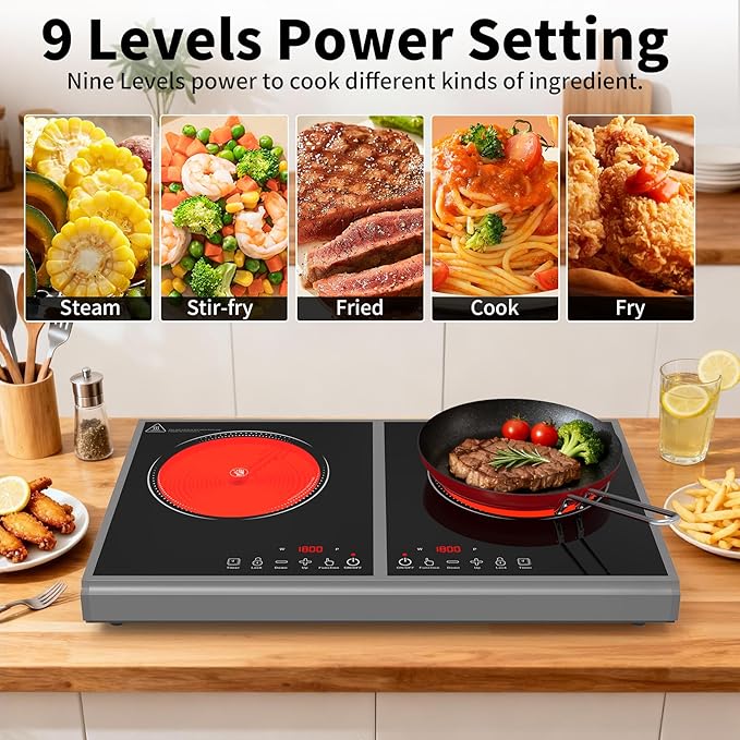 Electric Cooktop,110V 3600W Stove top, 20 inch Countertop with 9 Power Levels,LED touch control,Overheat Protection,Child Safety Lock & Timer,touch control 2 burner Electric cooktop