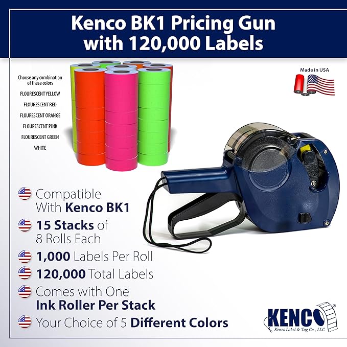 Kenco BK 1 Line Price Gun Kit - Includes 6,000 Labels, 2 Ink Rollers, Label Scraper - 8 Digit Labeler for Pricing, Dating, and Coding (BK-1 KIT 120,000 Labels)