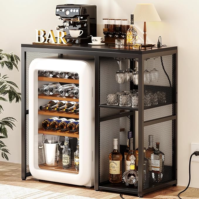 Homieasy Mini Fridge Cabinet Stand with Power Outlet, Coffee Bar Cabinet with Mini Fridge Space, Bar Stand with Microwave Shelf with Wine Rack for Kitchen, Dorm, Black