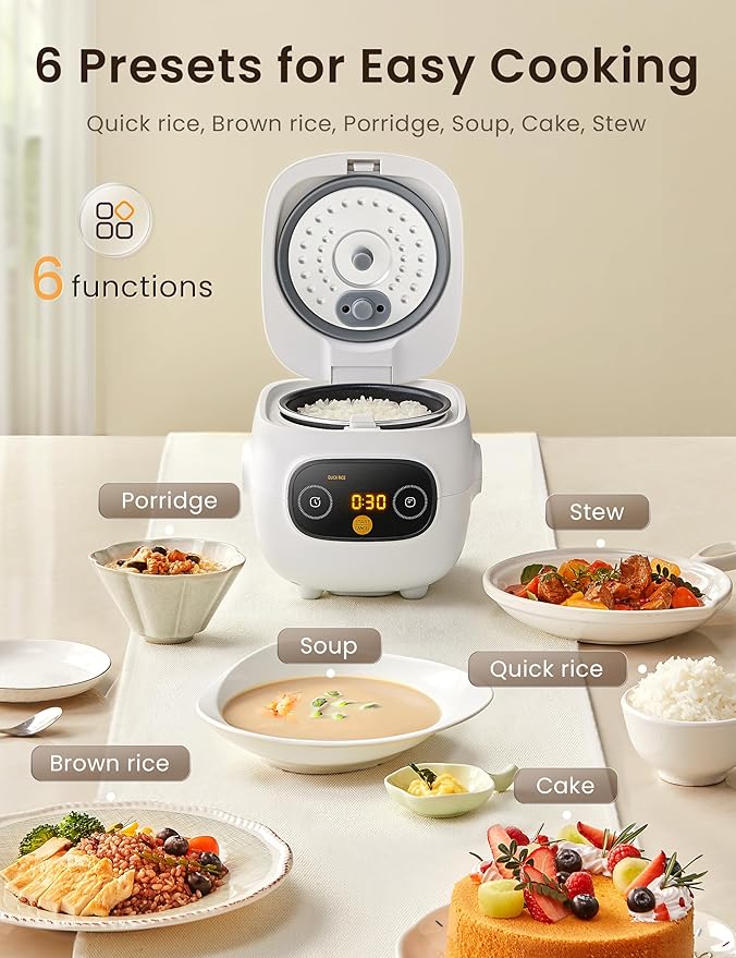 COMFEE' Mini Rice Cooker 4 Cups Cooked/2 Cups Uncooked, Portable Non-Stick rice maker, 24 hours Timer Delay, 6 Functions, Fast Cooker, Brown Rice, Oatmeal, White