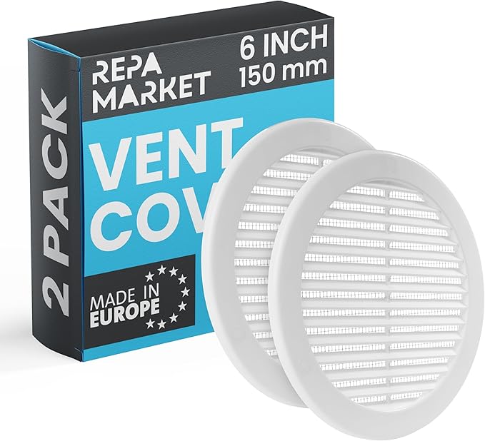 Repa Market 4 Inch (Opening) White Round Air Vent Cover - Pack of 2 Plastic Fresh Air Intake Vent - AC Cover with Nylon Mesh Screen - Wall, Ceiling HVAC Return Air Register - Modern Soffit Vents