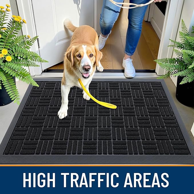 OLANLY Front Door Mat Outside Entrance 59x23, Absorbent, Heavy Duty Sturdy Natural Rubber Doormat Indoor Outdoor, Stain and Fade Resistant, Non-Slip Backing Low Profile Floor Mat for Entryway, Black