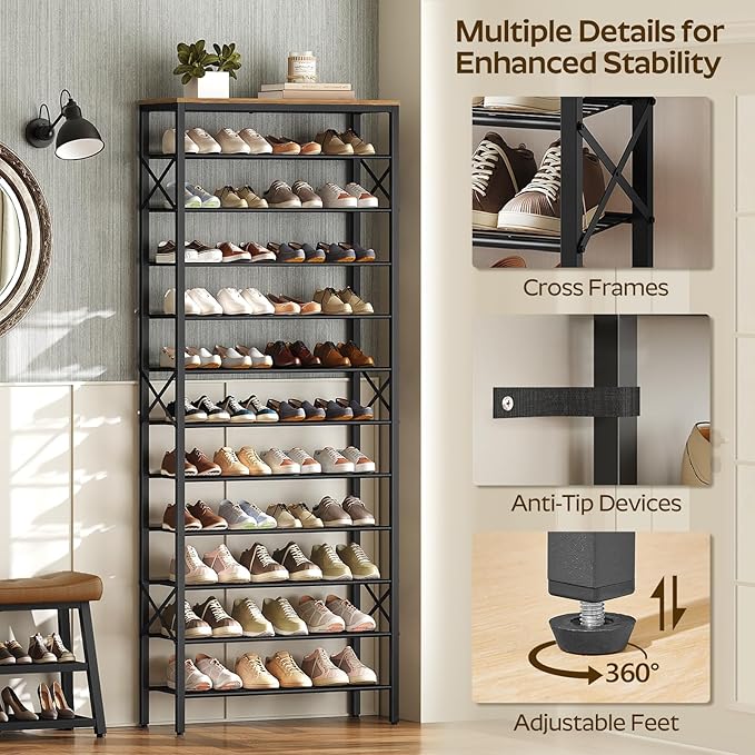 12 Tier Shoe Rack, Large Capacity Shoe Storage Organizer Holds 48 Pairs, Sturdy and Stable, for Entryway, Hallway, Closet, Dorm Room, Rustic Brown SS12BR