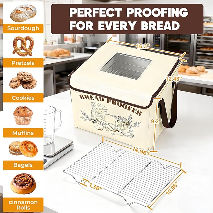 Bread Proofing Box with 50-113℉ Temp Control & 1-12H Timer, Foldable Dough Proofer with Metal Rack, Proofing Box for Sourdough, Bread Baking, Pizza, Yogurt, Kombucha, Space-Saving & 5-Layer Fabric