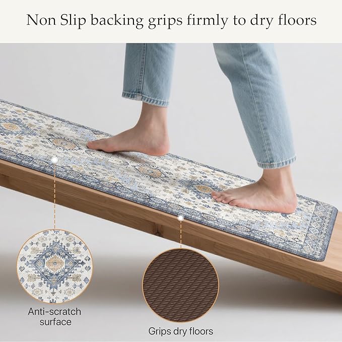 GENIMO Kitchen Mats for Floor, 2PCS Kitchen Rugs Non Slip Washable, Waterproof Anti Fatigue Mat, Comfort Standing Runner Rug for Sink, Office, Laundry, Home, 17.3"x47"+17.3"x30", Muted Blue