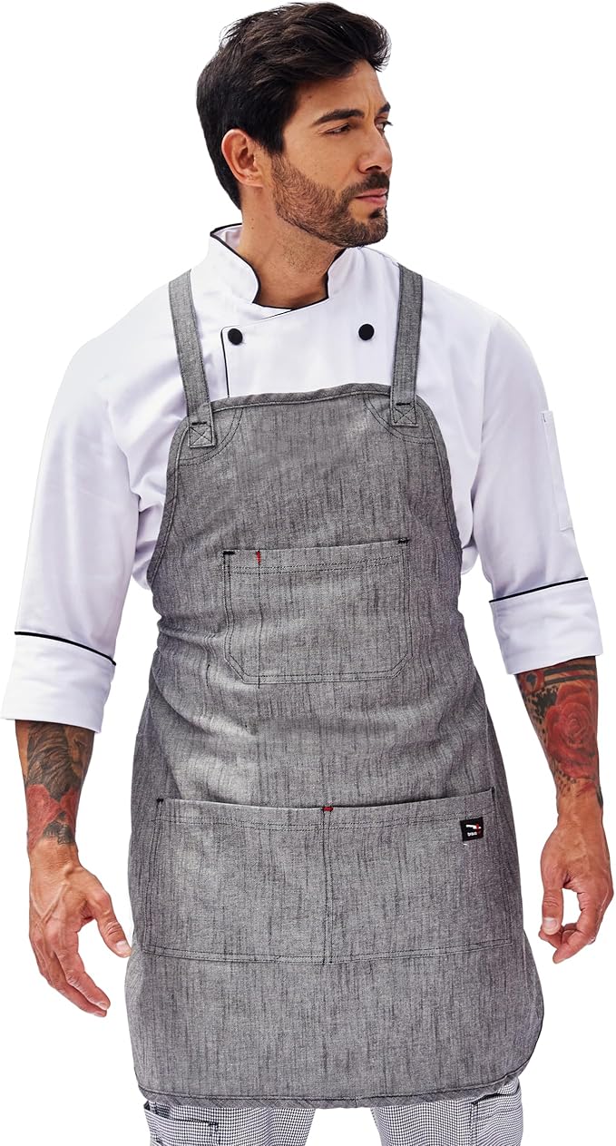 | Oxford Denim Apron - Apron for Women and Men with metal eyes. Adjustable straps on the back and waist. For kitchen work, chef.