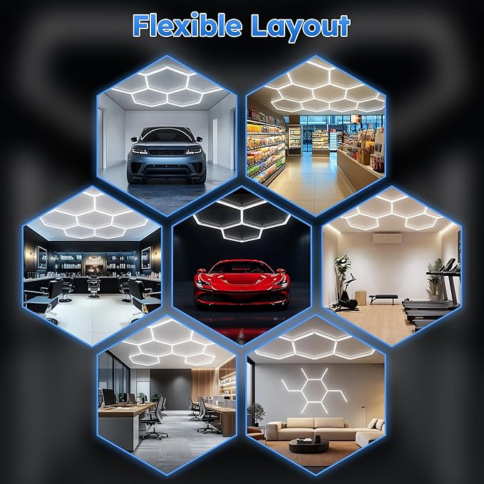 Hexagon Garage Lights - Upgraded 3-Stage Color Temperature, Dimmable Hexagon Lights with Switch, 3000K 4500K 6500K,High Brightness 3 Grids Hex Lighting for Gym, Barber Shop, Car Detailing