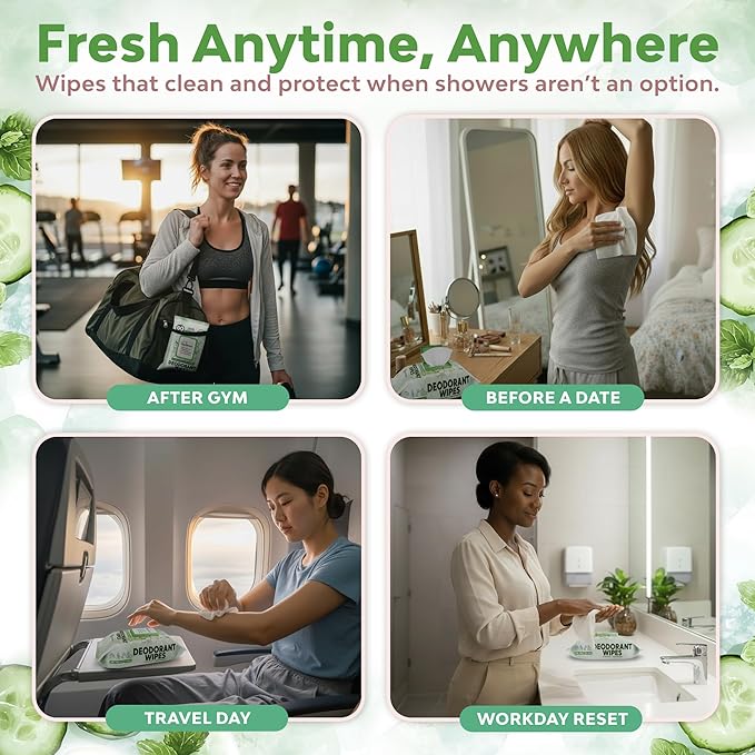 Deodorant Wipes for Women - Freshening Body Towelettes for Post-Workout, Travel, and Daily Deodorizing - On-the-Go Fresh Scent Cleansing Wipes, 60 Count (1 Pack)