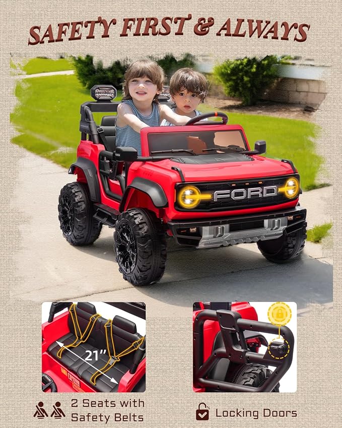 First Ride On Ford Bronco 24V Ride on Toys for Boys & Girls, 2 Seater Kids Electric Car with Remote Control, Kids Ride on Truck with 4 Wheels Suspension, Led Lights, Safety Belt (24V, Red)