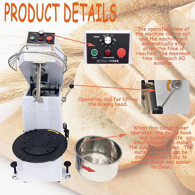 110V 1.5KW Dough Mixer 20L Food Mixer Machine Commercial Dual Rotating Dough Kneading Machine Stainless Steel Blade Electric Food Mixer with Detachable Stainless Steel Bucket