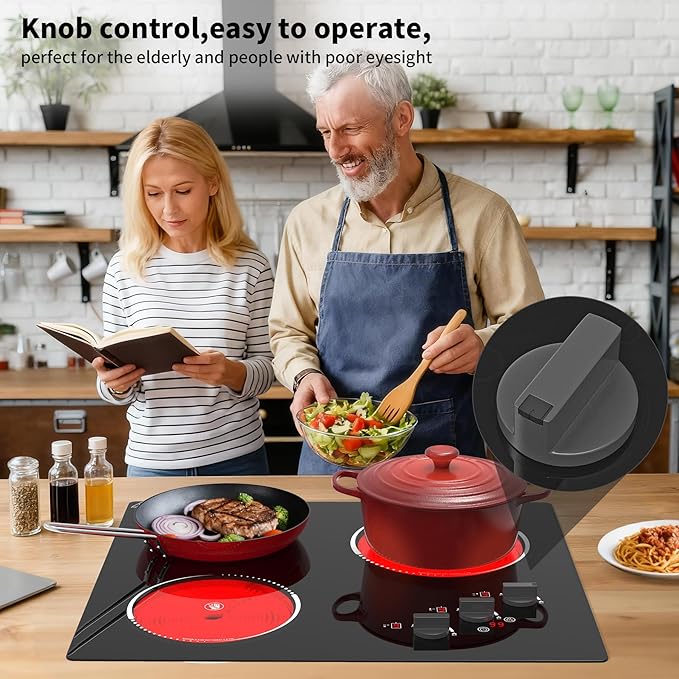 VBGK Electric Cooktop,24 inch 220V Electric Stove Top,Touch and Knob Control,LED,9 Power Levels, Kids Lock &Timer,Overheat Protection,5000W 3 burner cooktop.