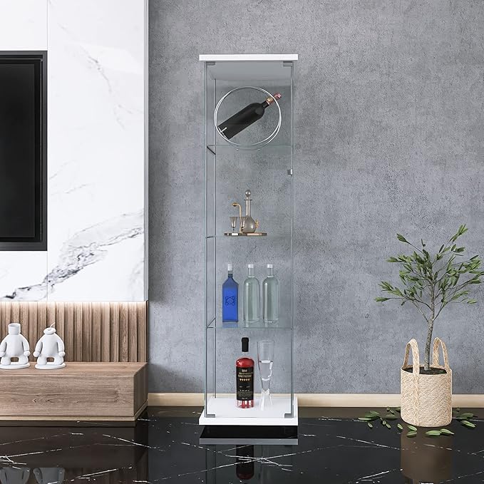 Yoluckea 4 Shelves Glass Display Cabinet with Door,Floor Standing Clear Glass Curio Cabinet Collection Display Case for Living Room Bedroom 64”x17”x14.5” White