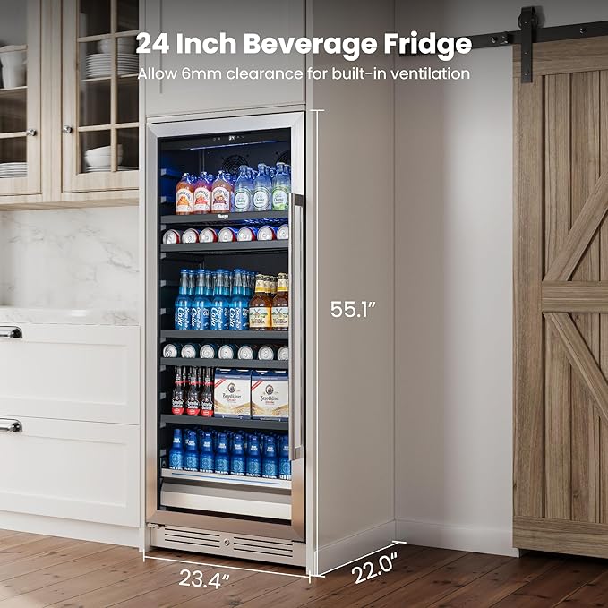 Yeego Beverage Refrigerator 24 inch - 238 Cans Capacity Beverage Cooler, Upgraded Beverage Fridge Freestanding or Built-In, Drink Cooler for Soda, Water, Beer or Wine - For Kitchen, Bar or Office