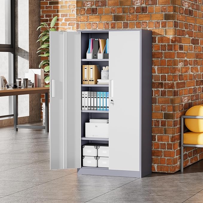 Greenvelly Metal Storage Cabinet with 2 Doors and 4 Adjustable Shelves, 72”H Metal Cabinet Lockable Storage Cabinet,Tall Locking File Cabinet for Office,Home, Garage, Gym, School