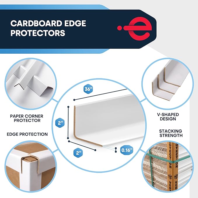 Cardboard Edge Protectors for Shipping - 2"W x 2"D x 36"L, Medium Duty .160 ga, Pallet Corner Protectors, Angle Boards, White, 50/Pack