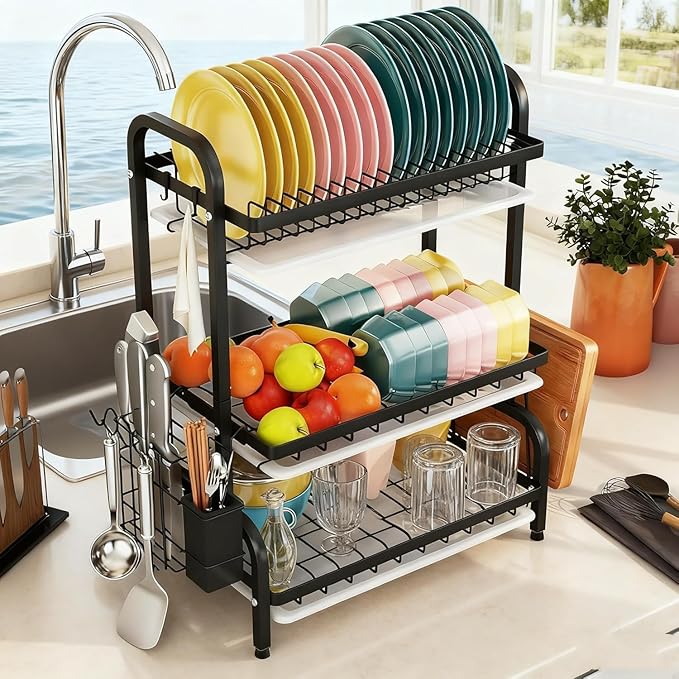Vergissm Large 3-Tier Dish Drying Rack with Drain Tray - Rustproof Carbon Steel Kitchen Organizer for Countertop with Utensil & Cutlery Holder, Spacious Drainboard - Multifunctional Dish Drainer