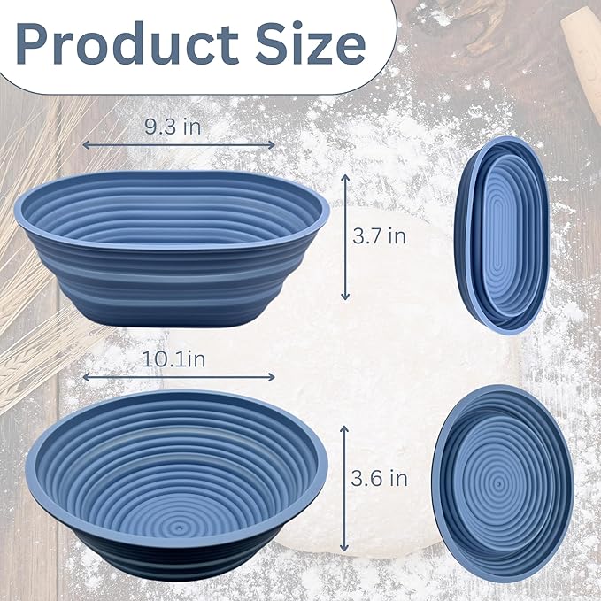 Premium Foldable Silicone Sourdough Banneton Basket | Bread Proofing & Baking Basket Set - Includes Oval & Round Bowls (9.5 Inch) - Oven & Dishwasher Safe, Gifts for Bakers - Blue