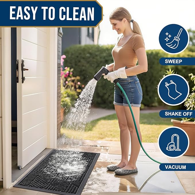 Smiry Front Door Mat Outside Entrance, Heavy Duty Sturdy Natural Rubber Doormat, Trap Dirt and Moisture, Easy Clean Low Profile Mats for Indoor Outdoor Entry, Irregular Triangle (29.5x17, Black)