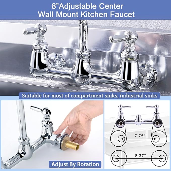 Commercial Sink Faucet with Sprayer 8" Center Wall Mount Kitchen Sink Faucet with 8” Swing Spout 18" Hose Commercial Kitchen Faucet 20" Height Pull Down Spray for Restaurant, Industrial