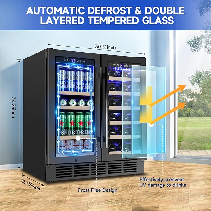 30 Inch Wine and Beverage Refrigerator, Dual Zone Wine Beverage Cooler, 30" Wine Cooler Under Counter or Freestanding Wine Beer Fridge with Upgraded Cooling, Holds 30 Bottles and 110 Cans, Black