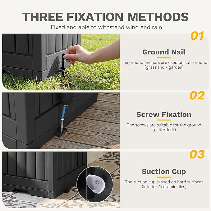 DWVO 38 Gallon Outdoor Trash Can, Resin Garbage Bin with Lid, Includes 2 Sorting Labels, Ash Holder, Stakes & Suction Cups, Hideaway Storage for Patio Backyard Garden, Black
