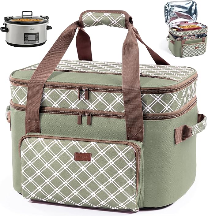 Double Layer Slow Cooker Carrier Bag for 6-8 Quart Oval CrockPot, Insulated Crock Pot Travel Bag with Top Zip Compartment and Front Pocket for Utensils