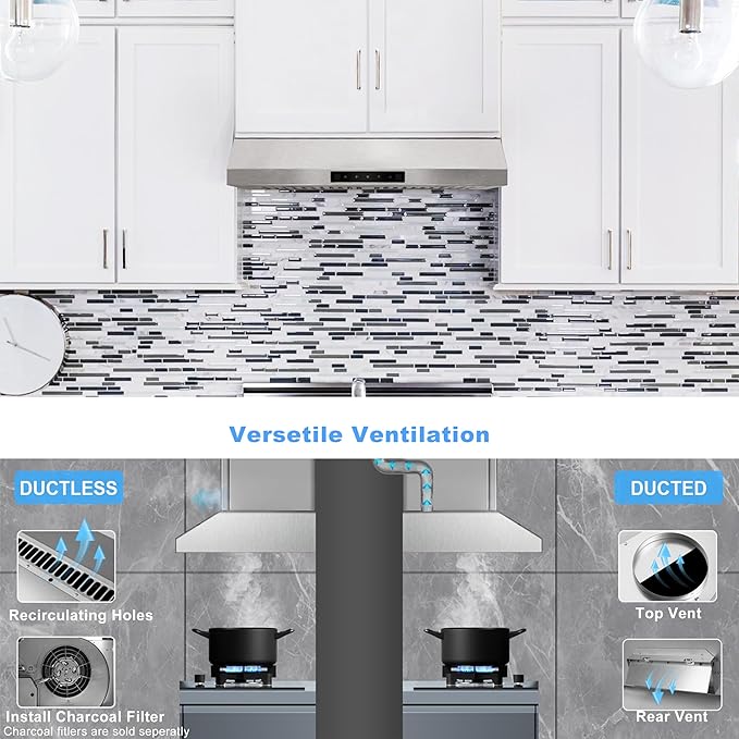 Range Hood 30 Inch Under Cabinet with 600CFM, Gesture Sensing & Touch Control Kitchen Vent Hood of Ductless/Ducted Vent with Stainless Steel Filters
