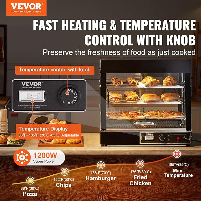 VEVOR 3-Tier Commercial Food Warmer Display, 1200W Food Display Warmer with Light, Adjustable Shelf and Temperature Display, 86℉~185℉ Steam Heating, 111L for Hamburger, Pizza, Bread, Fried Chicken