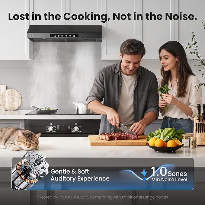 Range Hood 30 Inch Under Cabinet, 900CFM Stainless Steel Kitchen Stove Vent Hood, Touch/Gesture Control, 3 Speed Exhaust Fan, LED Lights, Reusable 5-Layer Aluminum Filters, Black
