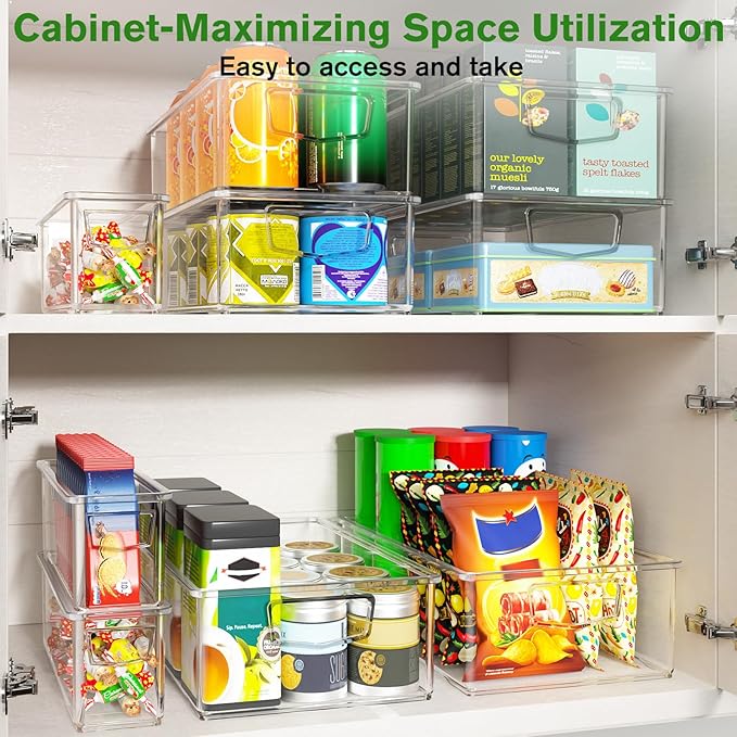 10 Pack Fridge Organizer Bins, Freezer Organizer Clear Stackable Storage Bins with Handles for Pantry, Cabinets, Kitchen, Home Organization Must Haves