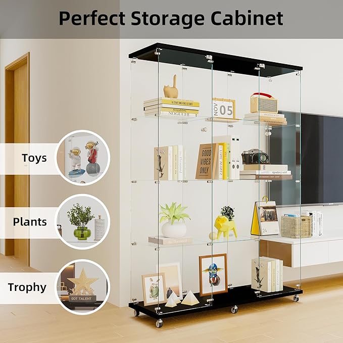 Frameless Glass Display Cabinet, Curio Cabinet Display Case with Locks and Hinged Doors, Quick-Install Floor Standing Large Showcase Display Shelf for Collectibles, Legos, Figures, Plants