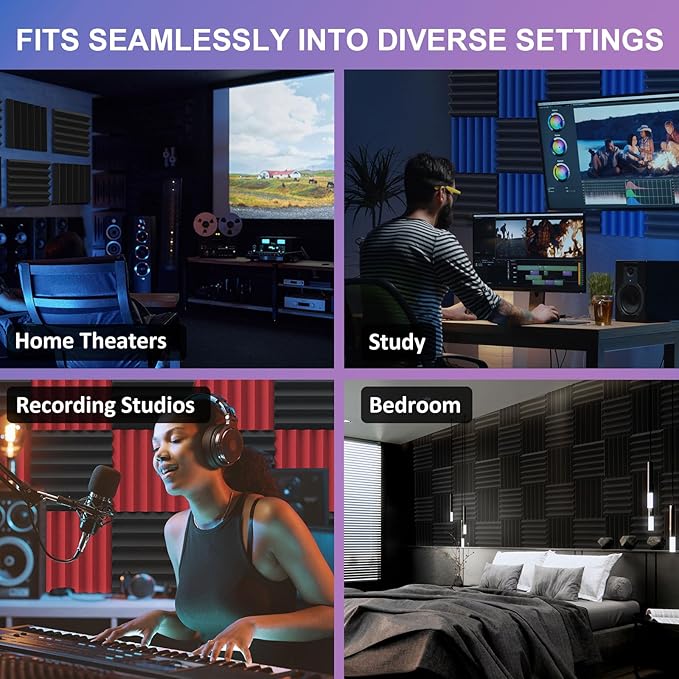 JBER 24 Pack Blue and Charcoal Acoustic Panels Studio Foam Wedges Fireproof Soundproof Padding Black Wall Panels 2" X 12" X 12"