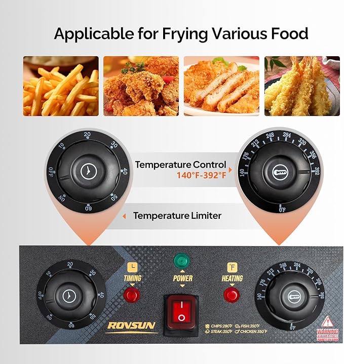 ROVSUN 12.5QT/11.8L Electric Deep Fryer w/Frying Basket, Timer, Drain, & Lid, Commercial Countertop Single Tank Frying Machine, Adjustable Temperature, for French Fries Donuts Onion Rings, 1700W 110V