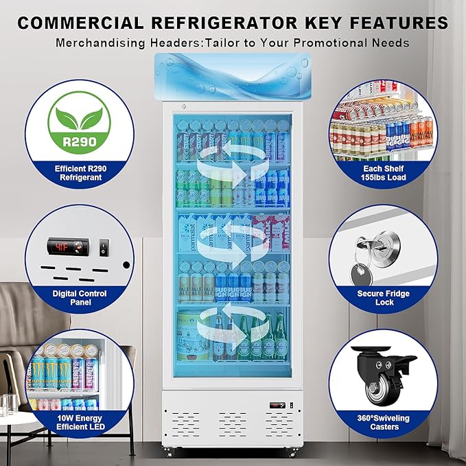 27”W Commercial Glass Door Display Refrigerator 15 Cu.ft White Cooler Beverage Bridge with LED Light and 5 Shelves for Cafe Restaurant Store Bar
