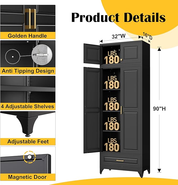 90" Kitchen Pantry Cabinet with Drawer, Metal Storage Cabinets with Doors and 4 Adjustable Shelves,Black Kitchen Cabinet with 2 Gold Handles,Food Cupboard for Livingroom,Pantry