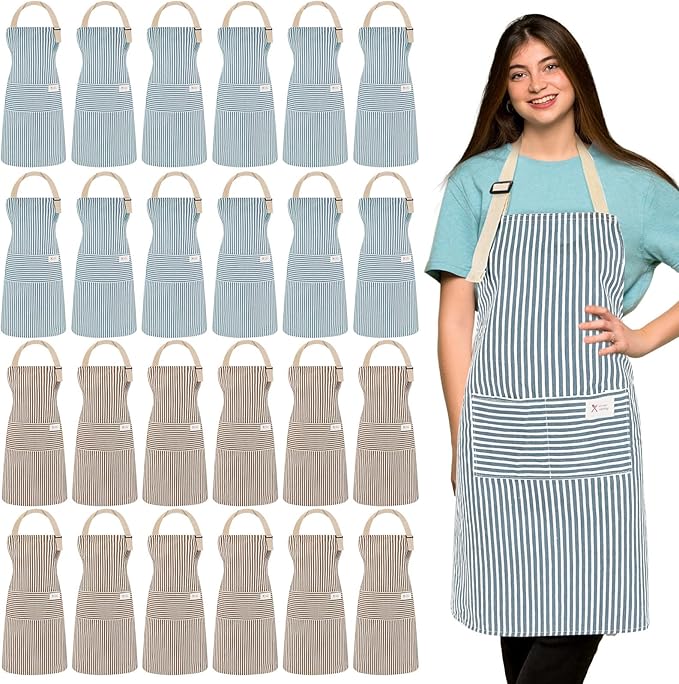 Janmercy 24 Pcs Aprons for Women Men with 2 Pockets Linen Cooking Kitchen Apron Adjustable Bib Chef Apron Bulk Aprons Unisex