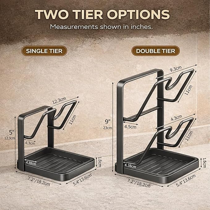 Kitchen Pot Lid Storage Rack, Heat-Resistant Pot Lid Holder While Cooking with Tray, Multifunctional Pot Lid Holder Organizer Rack, Lid and Spoon Rest for Countertop, Stove Top (Double-layer Gray)