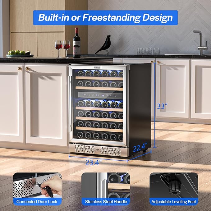 Empava 24" Wine Cooler Refigerator, Freestanding or Under Counter Fridge with Lights, 46 Bottles Capacity Dual Zone, Touch Control, Stainless Steel