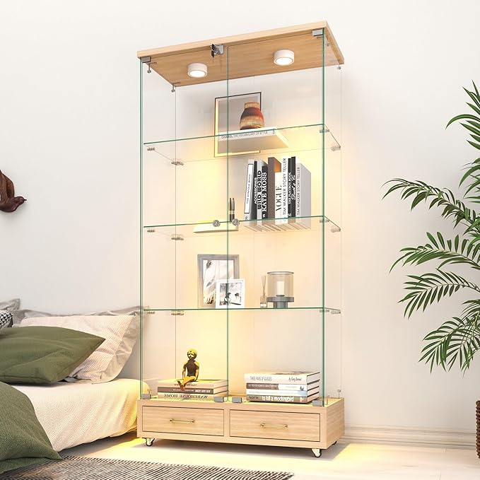 Yoluckea 4 Tier Glass Display Cabinet with LED Lighting and 2 Drawers, 2 Doors Floor Standing Curio Cabinet with Wheel for Home, Office,Corner Display,Natural Glass Bookshelf for Collections and Decor