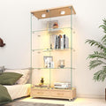 Yoluckea 4 Tier Glass Display Cabinet with LED Lighting and 2 Drawers, 2 Doors Floor Standing Curio Cabinet with Wheel for Home, Office,Corner Display,Natural Glass Bookshelf for Collections and Decor