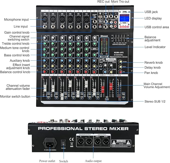 Dj Mixers 8 Channel Audio Mixer Sound Board with Bluetooth, Usb Audio Interface with 48V Phantom Power Sounds Mixer Board with FX Reverb Delay Effect for Streaming