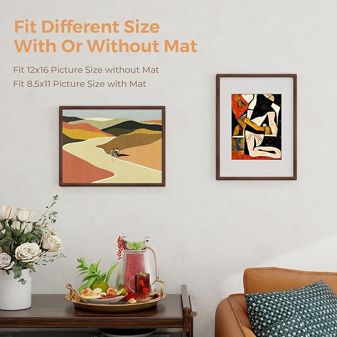 Axeman 12 x 16 Walnut Frame - Rounded Corner 12x16 Picture Frame Matted to 8.5x11 - Natural Walnut Wood Photo Frame with Tempered Glass for Wall Mount Display