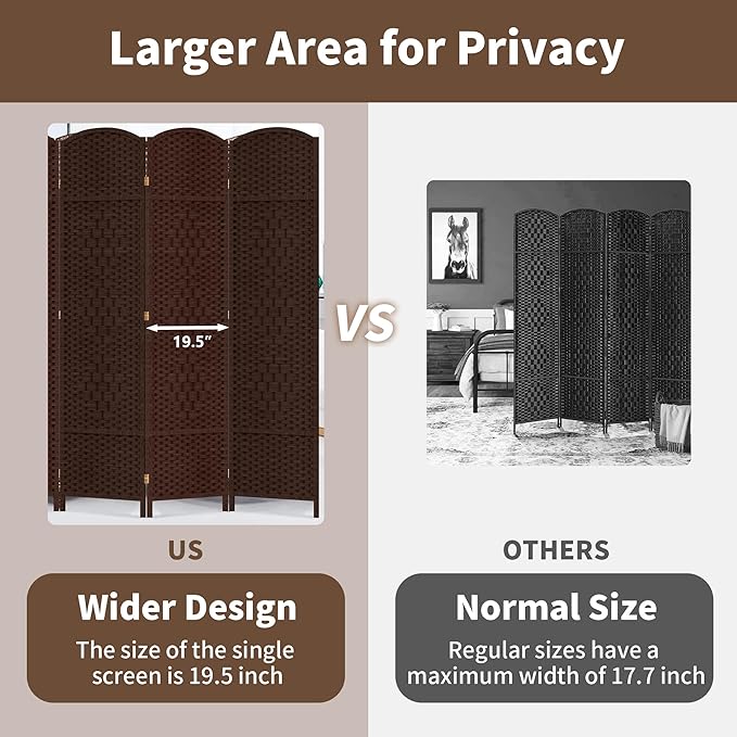 Duraspace 6 Panels Room Divider 6 FT Tall Weave Fiber Freestanding Double Hinged Extra Wide Folding Screen for Patio Privacy (Brown)