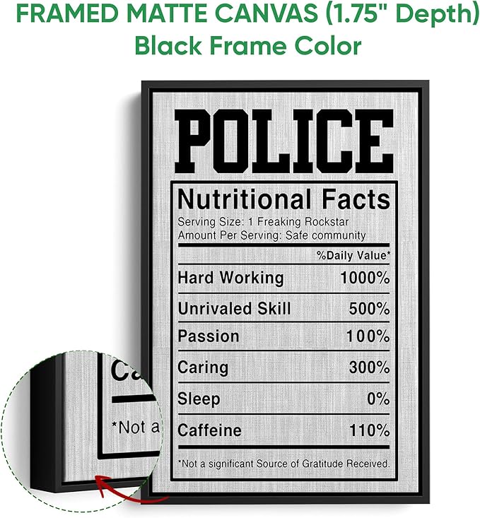 Police Poster & Framed Canvas, Police Nutritional Facts - Funny Home Office Decor, Bedroom Living Room Aesthetic Wall Art Gift For First Responder, Peace Officer, Policeman, Policemen
