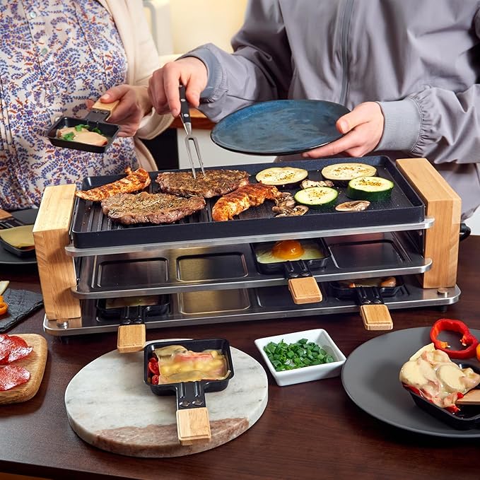 CUSIMAX Electric Grill Raclette Table Grill, 2 in 1 Indoor Grill with Non-Stick Grill & Griddle Plate, Raclette Grill with Wooden frame, 8 Cheese Pans & Wooden Spatulas, Three-Layer Korean BBQ Grill