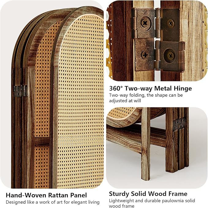 4 Panel Room Divider, 5.6 Ft Foldable Wood Room Divider Screen, Hand-Woven Rattan Folding Privacy Screens with Double Hinges, Wall Divider for Room Separation Bedroom Home Office - Brown