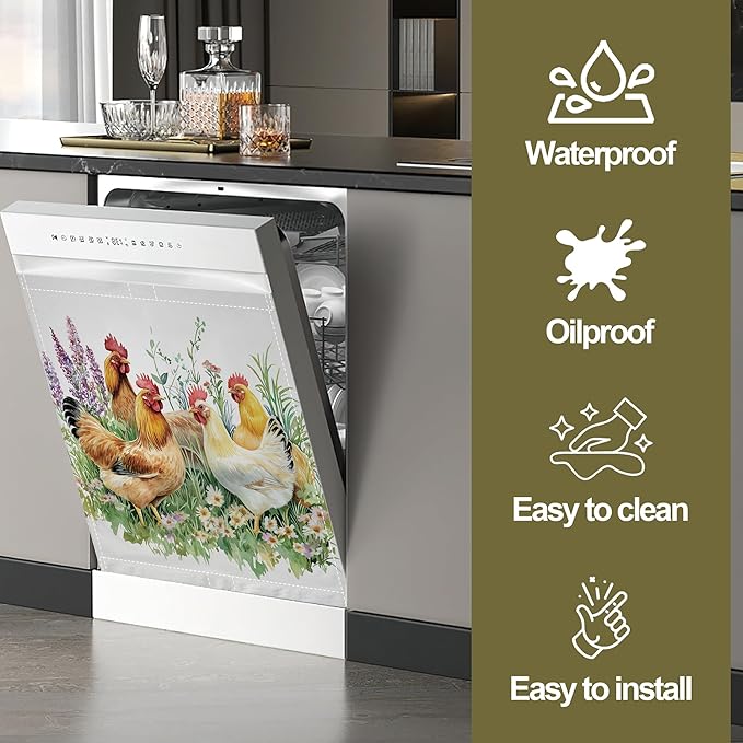 Magnetic Dishwasher Cover,Chicken Rooster Grass Reusable Dishwasher Magnetic Cover Decorative Door Covers Panel for Home Kitcen 23" x 26"