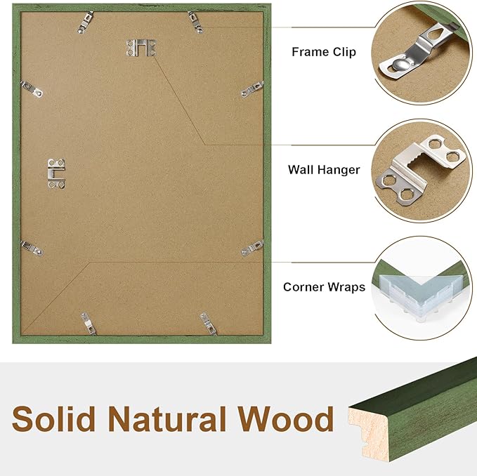 Vittanly 12x16 Picture Frame, Solid Wood Frame with Plexiglass, Includes 8.5x11 Mat, Wall Hanging for Photos, Home Decor, Rustic Green, 1 Pack