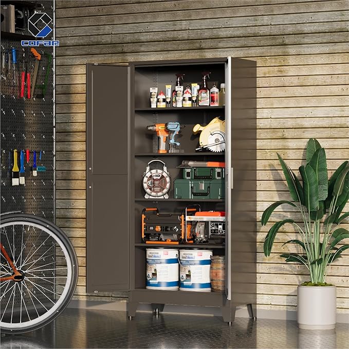 COFaR 71'' Tall Metal Pantry Cabinet, Kitchen Storage Cabinet with Doors and Shelves, Freestanding Farmhouse Food Cupboard for Kitchen Dinning Room Garage, Black 5-Tier